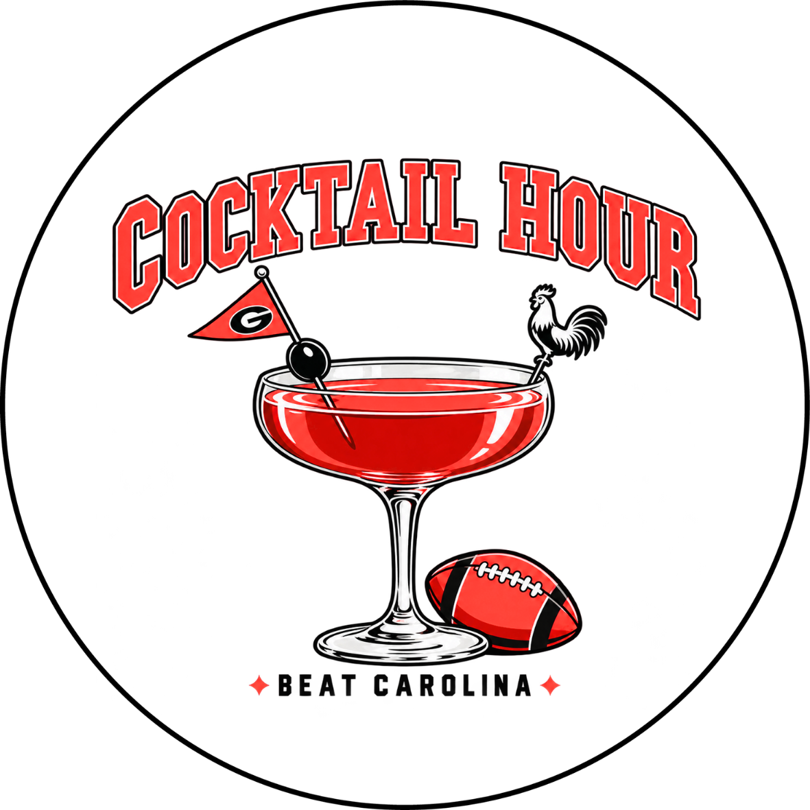 UGA vs. USC Cocktail Hour sticker with red cocktail, Georgia pennant, rooster stirrer, football, and Beat Carolina lettering