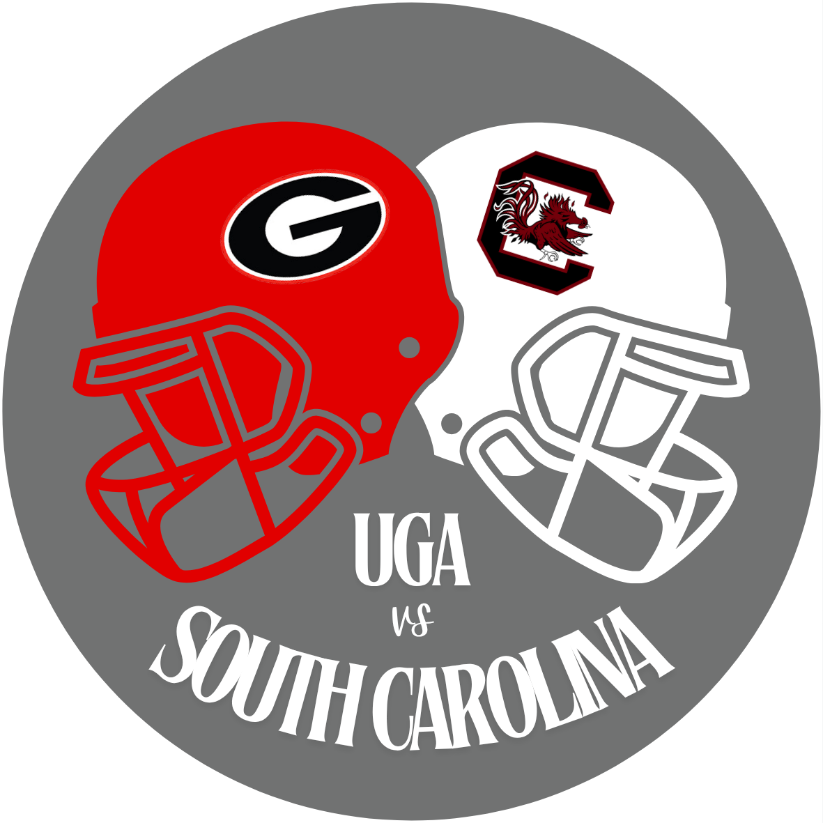 UGA vs. South Carolina Helmet Battle sticker with red Georgia helmet and white South Carolina helmet on gray