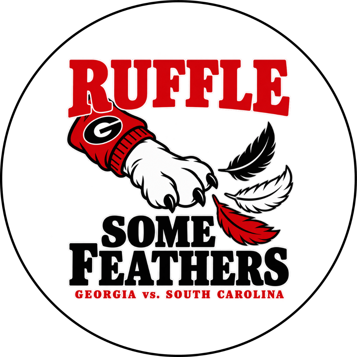 UGA vs. USC Ruffle Some Feathers sticker with Georgia bulldog paw and red, black, and white feathers