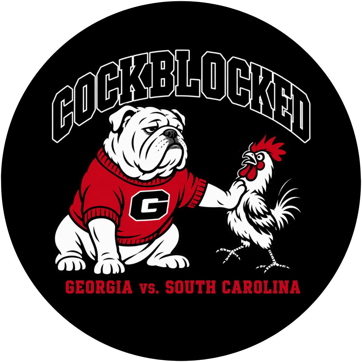 UGA vs. USC Cockblocked sticker with Georgia bulldog blocking a rooster on black
