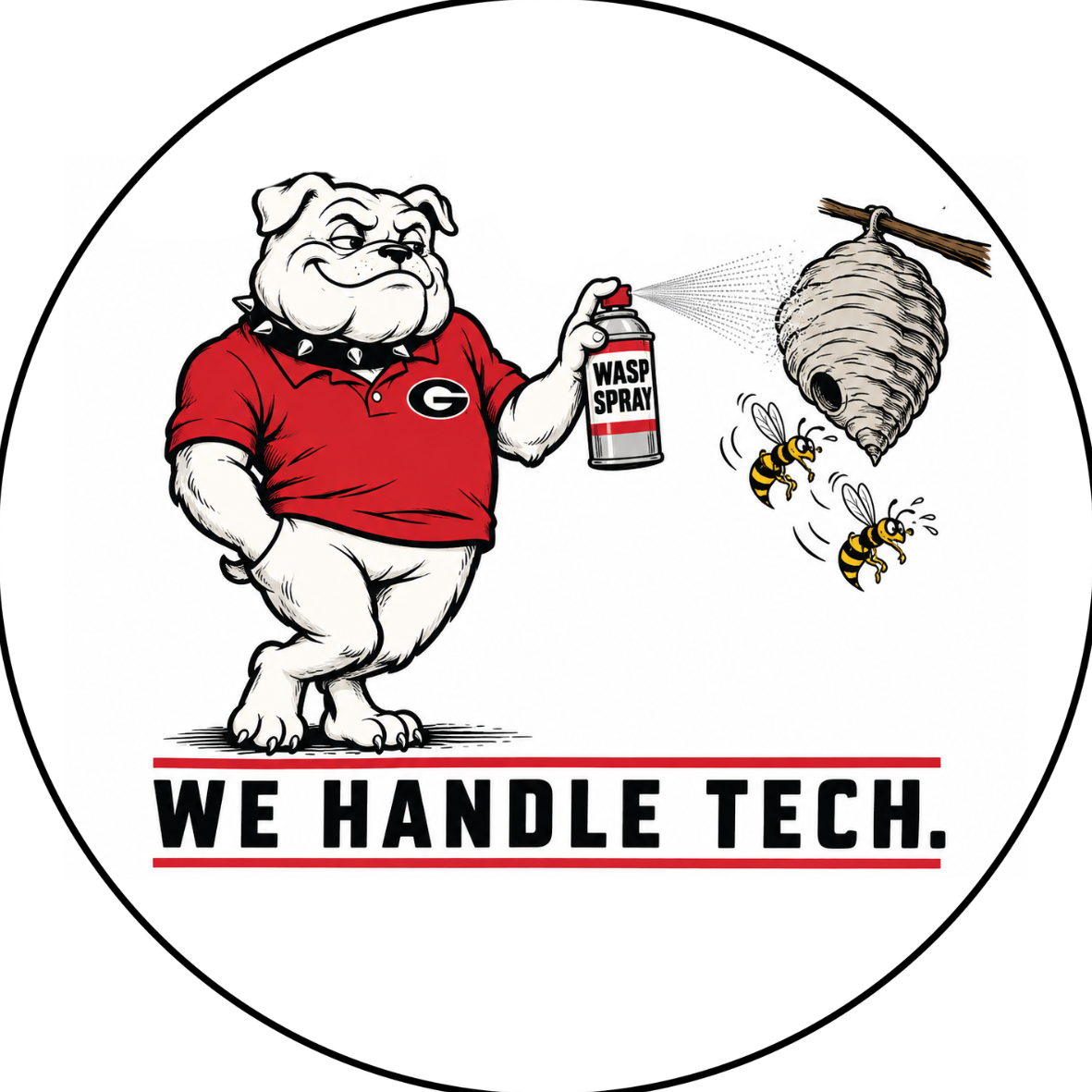 We Handle Tech sticker design showing a bulldog in a red Georgia polo spraying a wasp nest on white