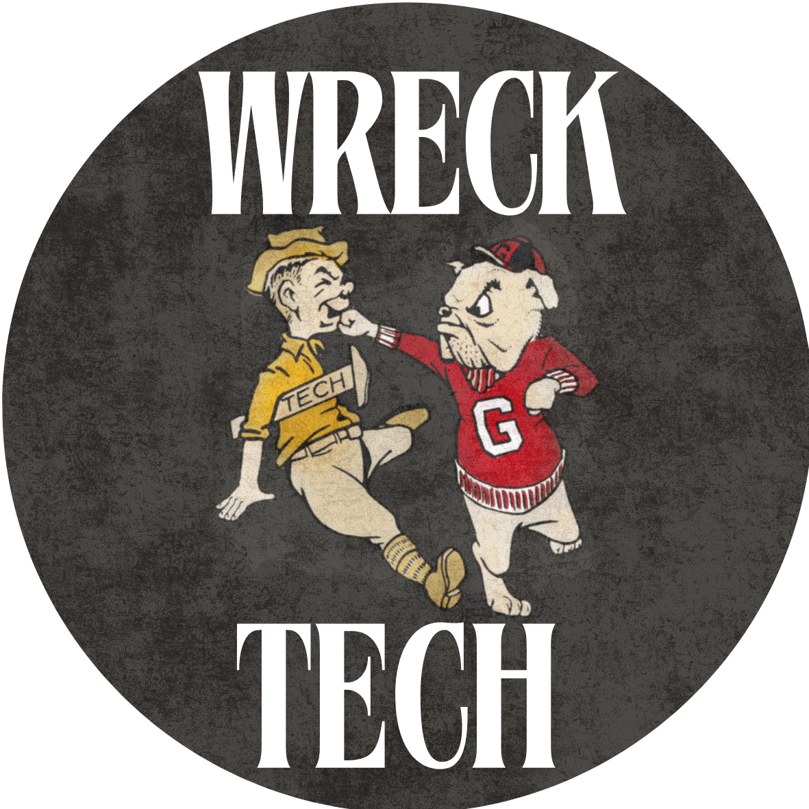 Vintage Wreck Tech design with white lettering and a bulldog in red punching a Tech character in yellow on dark gray