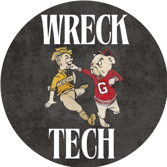 Vintage Wreck Tech design with white lettering and a bulldog in red punching a Tech character in yellow on dark gray