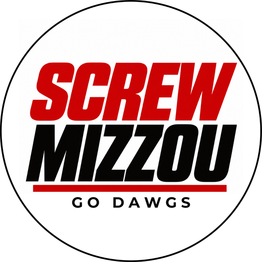 Screw Mizzou and Go Dawgs sticker design with red and black lettering on white and a black circle border