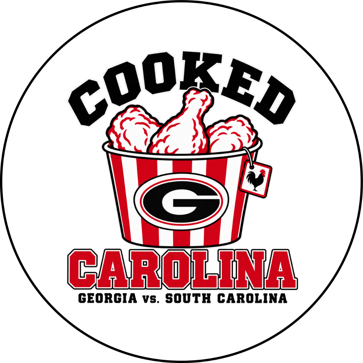 UGA vs. USC Cooked Carolina sticker featuring chicken in a red-and-white Georgia bucket