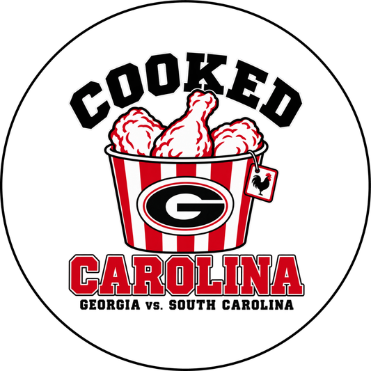 UGA vs. USC Cooked Carolina sticker featuring chicken in a red-and-white Georgia bucket