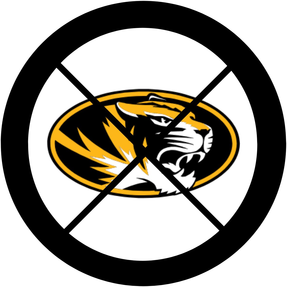 Missouri tiger logo crossed out with a black X inside a thick black circle on white