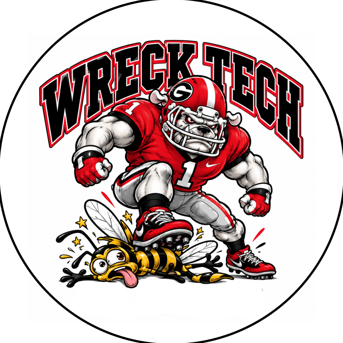 Wreck Tech sticker design with a bulldog football player in red stomping a yellow jacket on white