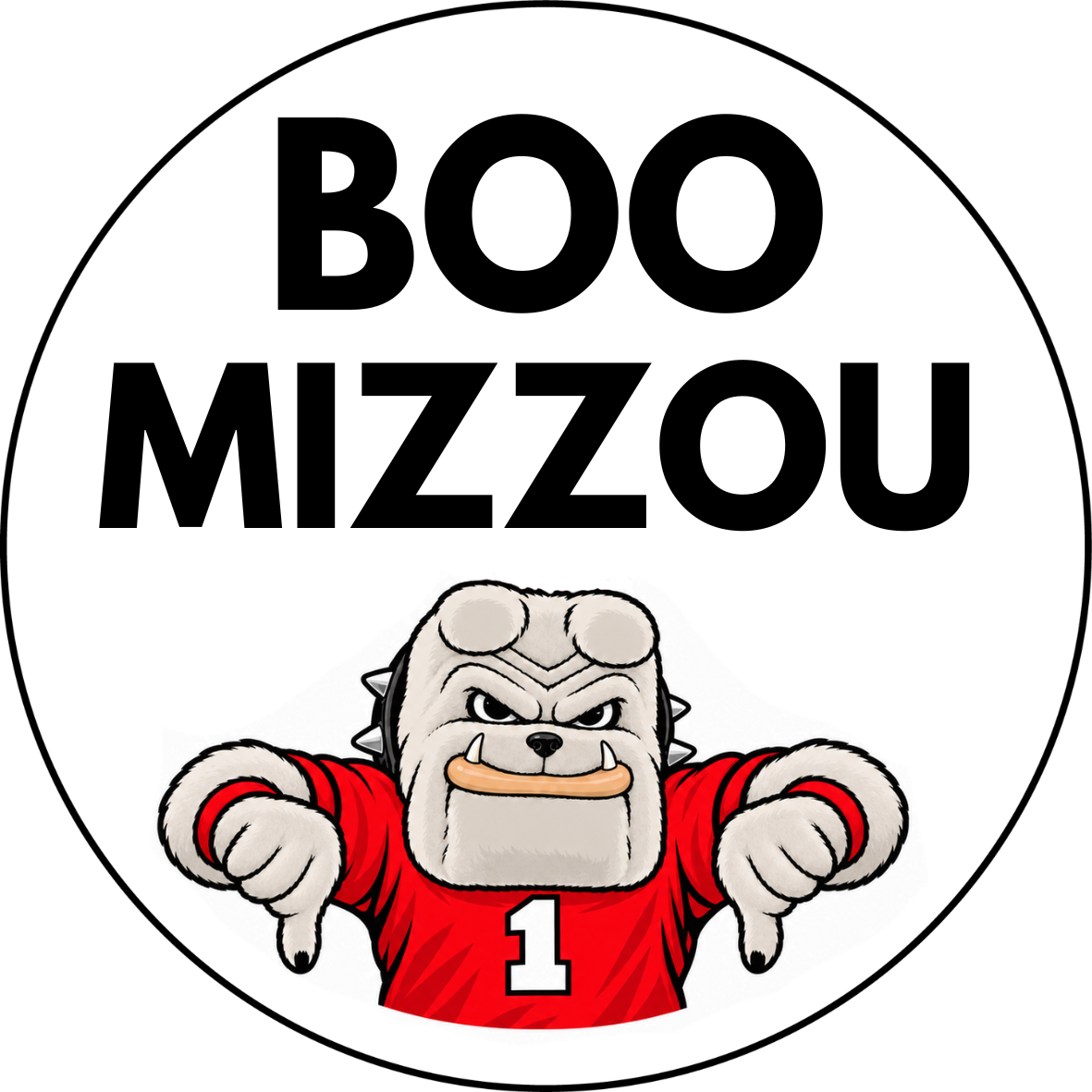 Boo Mizzou sticker with black lettering above a bulldog in a red number 1 jersey giving two thumbs down on white