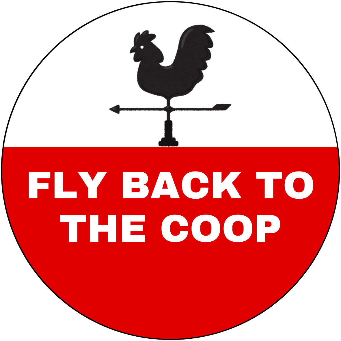 UGA vs. USC Fly Back to the Coop sticker with black rooster weather vane and red-and-white colorblock background