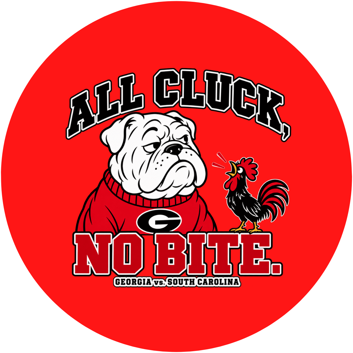 UGA vs. USC All Cluck, No Bite sticker with bulldog and rooster on a red background